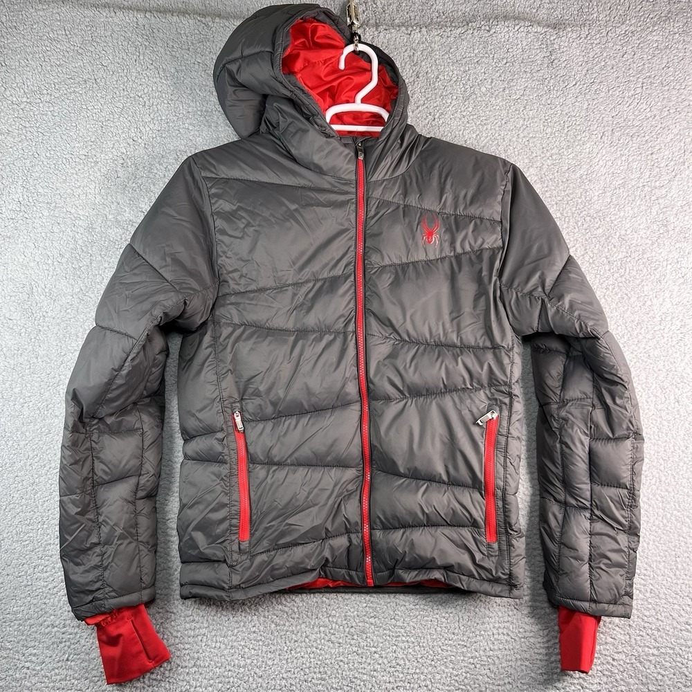 SPYDER Nexus Mens M  Gray Puffer‎ Jacket / Coat with Hood  Red Lined Fits Small